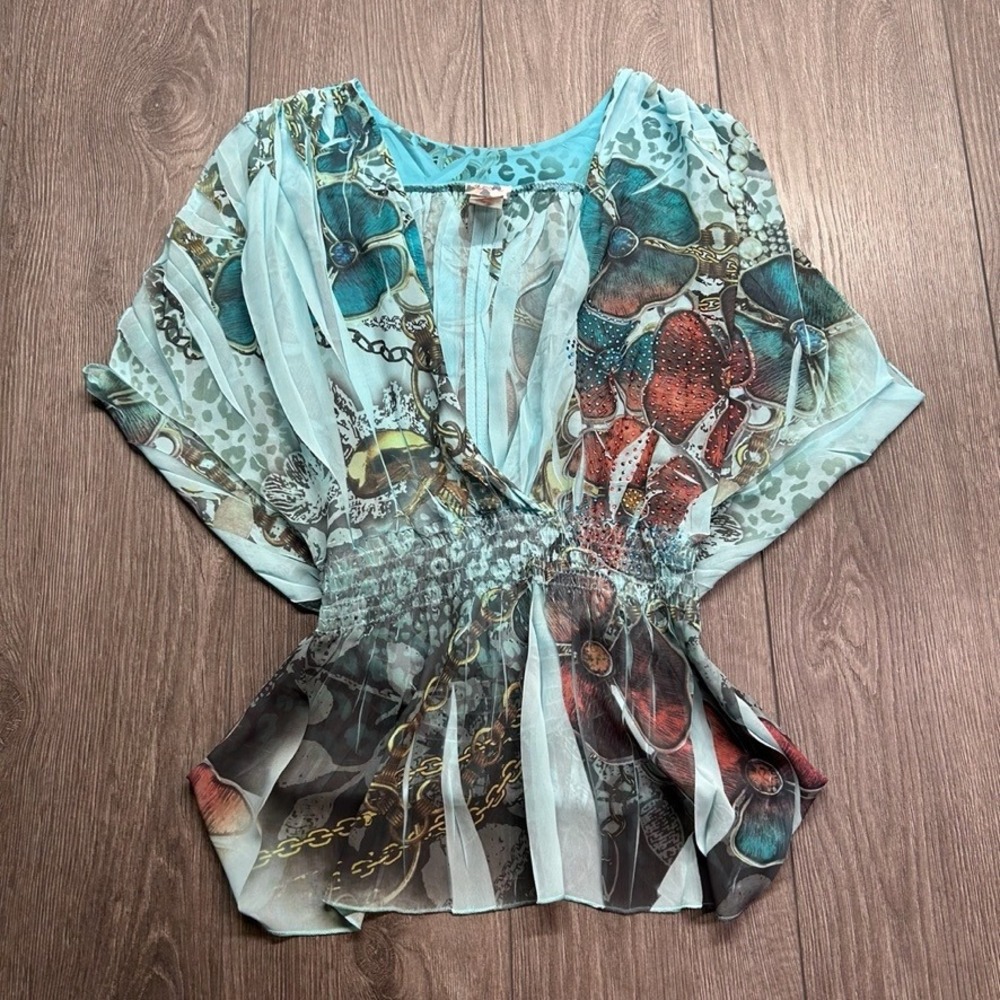 De More Y2K Sheer Floral Chain Print Smocked Waist Rhinestone Blouse Large